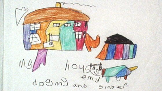 Still from A Is for Autism by Tim Webb: a child's crayon drawing of a house, a dog and a sister