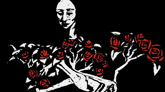 Still from Death and the Mother by Ruth Lingford: a black and white woodcut figure behind a branch of red roses