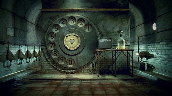 Still from Extn. 21 by Lizzie Oxby: a giant rotary telephone dial on the wall of a tiled underground room