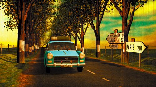 Still from Home Road Movies by Robert Bradbrook: a blue estate car on a tree-lined road, signposts to Paris and Calais