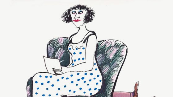 Still from I'm Not a Feminist, But... by Marjut Rimminen: a woman in a blue polka-dot dress reading a letter in an armchair