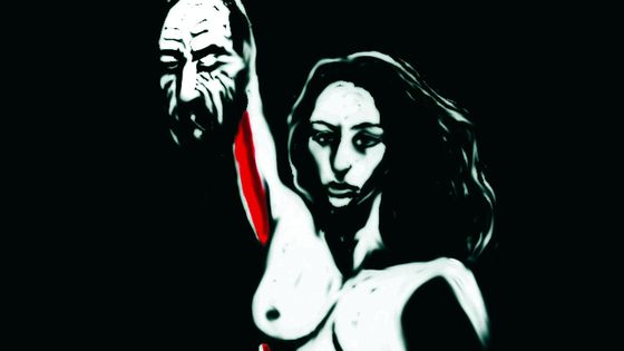 Still from Pleasures of War by Ruth Lingford: Judith holding Holofernes' head