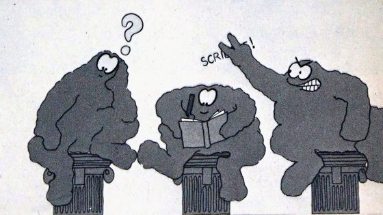 Still from Quartet by Tony White: three lumpy grey figures on classical columns, one puzzling over a question mark, one writing in a book, one shouting with an arm raised