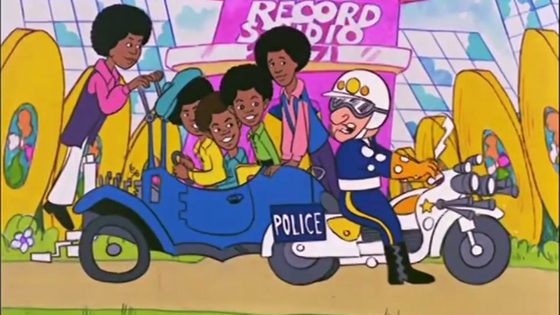 Still from The Jackson 5ive: the brothers in a car outside a record studio, stopped by a policeman