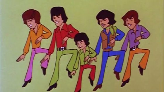 Still from The Osmonds: five cartoon brothers dancing in bright flared suits