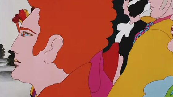 Still from Yellow Submarine directed by George Dunning: a red-haired figure in profile in Heinz Edelmann's flat colours